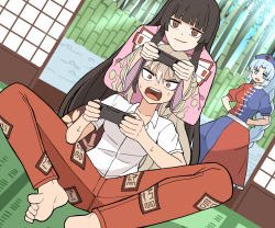 Rule 34 | 3girls, absurdres, baggy pants, bamboo, bamboo forest, barefoot, black hair, blue eyes, blunt bangs, bow, braid, braided ponytail, collarbone, commentary, cross, ddok, forest, fujiwara no mokou, hair bow, handheld game console, hands on own hips, hat, head rest, highres, holding, holding handheld game console, houraisan kaguya, long hair, long sleeves, multiple girls, nature, nurse cap, ofuda, ofuda on clothes, open mouth, pants, parted bangs, puffy short sleeves, puffy sleeves, red cross, red eyes, red pants, shirt, short sleeves, shouji, sidelocks, sliding doors, smug, tatami, teeth, tongue, touhou, two-tone bow, two-tone dress, upper teeth only, white shirt, yagokoro eirin