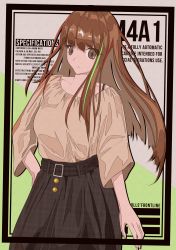 Rule 34 | 1girl, absurdres, bad id, bad pixiv id, belt, black skirt, bra strap, breasts, brown eyes, brown hair, brown shirt, character name, closed mouth, commentary, copyright name, cover, english commentary, english text, girls&#039; frontline, hand on own hip, highres, i rikky, long hair, looking at viewer, m4a1 (girls&#039; frontline), magazine cover, multicolored hair, shirt, simple background, skirt, solo, standing