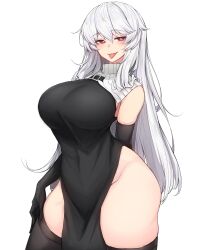 Rule 34 | 1girl, :p, absurdres, alternate breast size, arknights, black dress, black gloves, black thighhighs, breasts, bright pupils, commentary, cowboy shot, dress, elbow gloves, gloves, highres, huge breasts, long hair, looking at viewer, red eyes, rikuguma, sharp teeth, simple background, solo, specter (arknights), teeth, thick thighs, thighhighs, thighs, tongue, tongue out, turtleneck, white background, white hair, white pupils, wide hips