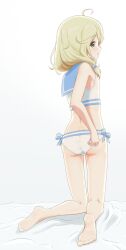 Rule 34 | 1girl, adjusting clothes, adjusting swimsuit, ahoge, ass, barefoot, bed sheet, bikini, blonde hair, blue bow, blue sailor collar, bow, child, commentary, e sen a1000, feet, flat chest, full body, green eyes, highres, idolmaster, idolmaster cinderella girls, kneeling, legs, looking back, low twintails, medium hair, messy hair, on bed, open mouth, sailor collar, sailor swimsuit (idolmaster), solo, swimsuit, thighs, toes, twintails, white background, white bikini, yusa kozue