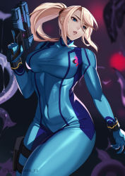 Rule 34 | 1girl, absurdres, artist name, blonde hair, blue bodysuit, blue eyes, bodysuit, breasts, covered navel, floating hair, grey background, gun, hair tie, hand up, highres, holding, holding gun, holding weapon, holster, kagematsuri, large breasts, long hair, looking to the side, metroid, mole, mole under mouth, nintendo, parted lips, ponytail, samus aran, sidelocks, solo, tentacles, thigh holster, tight clothes, trigger discipline, weapon, zero suit
