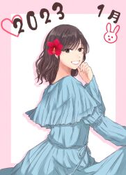 Rule 34 | 1girl, 2023, :d, animification, blue dress, border, brown eyes, brown hair, commentary, cowboy shot, dress, drop shadow, fingernails, flower, from side, grin, hair flower, hair ornament, hand to own mouth, hand up, heart, hibiscus, ishii haruna, long sleeves, looking at viewer, looking to the side, medium hair, nigari (ngari 0115), open mouth, outside border, pink border, real life, red flower, simple background, skirt hold, smile, solo, standing, translated, voice actor, white background