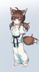 Rule 34 | 1girl, ahoge, animal ear fluff, animal ears, barefoot, belt, black belt, blue background, blunt bangs, blush, bright pupils, brown eyes, brown hair, clenched hand, closed mouth, dougi, feet, fox ears, fox girl, fox tail, full body, gradient background, hair over shoulder, hair tie, highres, karate, karate gi, kuma-bound, long hair, looking at viewer, low twintails, martial arts belt, original, sidelocks, solo, standing, tail, tail raised, toes, twintails, white pupils