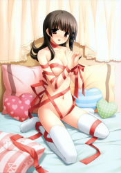 Rule 34 | 1girl, :d, absurdres, blush, breasts, brown eyes, brown hair, flipped hair, heart, heart-shaped pillow, heart print, highres, ikegami akane, long legs, makiya kasumi, naked ribbon, navel, official art, open mouth, pillow, polka dot, ribbon, sitting, smile, solo, striped, thighhighs, wariza, white thighhighs, with ribbon