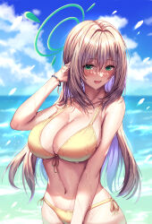 Rule 34 | 1girl, :d, absurdres, bikini, blonde hair, blue archive, blue sky, blush, bracelet, breasts, cloud, cowboy shot, day, green eyes, halo, hand in own hair, highres, jewelry, kimchi (user mpzz8457), large breasts, long hair, looking at viewer, navel, nonomi (blue archive), nonomi (swimsuit) (blue archive), ocean, open mouth, outdoors, side-tie bikini bottom, sky, smile, solo, stomach, swimsuit, water, wet, wet hair, yellow bikini