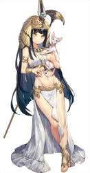Rule 34 | 1girl, animal, armlet, barefoot, black hair, blouse, blue eyes, blue theme, brown eyes, cat, cleavage cutout, clothing cutout, feet, full body, gem, gold trim, groin, headpiece, highres, holding, holding animal, holding cat, invisible wall, jewelry, leaning to the side, light smile, long hair, looking at viewer, navel, nefertiti (qurare), pelvic curtain, qurare magic library, revealing clothes, ring, shirt, sleeveless, sleeveless shirt, solo, sphynx (cat), staff, standing, thighs, very long hair, white cat, white shirt, whoisshe