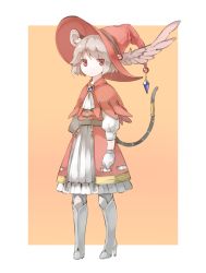 Rule 34 | 1girl, akagashi hagane, animal ears, ascot, boots, capelet, cosplay, dress, expressionless, feathered wings, final fantasy, frilled dress, frills, full body, gloves, grey hair, hat, high heel boots, high heels, looking at viewer, mouse ears, mouse tail, nazrin, orange background, pigeon-toed, puffy sleeves, red dress, red eyes, red mage (cosplay), red mage (final fantasy), short hair, simple background, solo, tail, tail ornament, touhou, winged hat, wings, witch hat