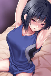 Rule 34 | 1girl, armpits, arms up, basketball uniform, black hair, blue shorts, blue tank top, blush, breasts, collarbone, commentary request, huyumitsu, indoors, large breasts, on bed, open mouth, original, perspective, shorts, sitting, solo, sportswear, tank top