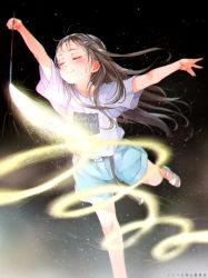 Rule 34 | 1girl, arm up, black hair, blue shorts, blush, closed mouth, clothes writing, commentary request, closed eyes, fireworks, floating hair, gomennasai, gymnastics, hair ornament, hairclip, highres, holding, long hair, original, outstretched arm, rhythmic gymnastics, sandals, senkou hanabi, shirt, short shorts, short sleeves, shorts, smile, solo, sparkler, sweat, very long hair, white footwear, white shirt, wide sleeves