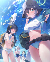 Rule 34 | 4girls, absurdres, ahoge, bikini, bird, black hair, black headwear, blue archive, blue halo, blue one-piece swimsuit, blue sky, braid, breasts, brown hair, cellphone, cloud, commentary request, day, flat chest, green eyes, green halo, halo, hat, higashigure, highres, holding, holding phone, large breasts, leaf, leaf on head, leaf print, long hair, looking at viewer, midriff, miyako (blue archive), miyako (swimsuit) (blue archive), miyu (blue archive), miyu (swimsuit) (blue archive), moe (blue archive), moe (swimsuit) (blue archive), multiple girls, navel, official alternate costume, one-piece swimsuit, outdoors, phone, print bikini, rabbit platoon (blue archive), saki (blue archive), saki (swimsuit) (blue archive), short hair, sky, swimsuit, twin braids, underboob, white bikini, white halo