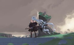 Rule 34 | 1girl, black thighhighs, blue eyes, boots, cloud, cloudy sky, coat, from behind, gun, highres, long hair, looking at viewer, looking back, mof, mof&#039;s silver haired twintailed girl, off shoulder, original, rifle, ruins, shoulder blades, sky, solo, standing, thighhighs, very long hair, weapon, white background