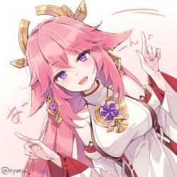 Rule 34 | 1girl, :d, animal ears, commentary request, detached sleeves, earrings, fox ears, genshin impact, gradient background, hair between eyes, hair ornament, highres, index fingers raised, japanese clothes, jewelry, long hair, looking at viewer, nyanya, open mouth, pink hair, purple eyes, ribbon-trimmed sleeves, ribbon trim, sidelocks, simple background, smile, solo, translation request, vision (genshin impact), wide sleeves, yae miko