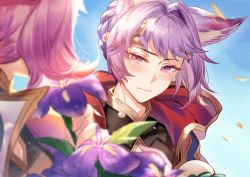 Rule 34 | 1boy, 1girl, aki663, animal ears, blue sky, blurry, blurry foreground, blush, closed mouth, day, erune, feower (granblue fantasy), flower, granblue fantasy, highres, huge filesize, long hair, looking at viewer, pink hair, purple hair, red eyes, short hair, sky, tien (granblue fantasy), wind