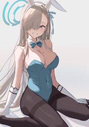 Rule 34 | 1girl, animal ears, asuna (blue archive), asuna (bunny) (blue archive), bare shoulders, blue archive, blue bow, blue bowtie, blue eyes, blue leotard, blue ribbon, bow, bowtie, breasts, brown hair, brown pantyhose, cleavage, covered navel, detached collar, fake animal ears, gloves, grey background, hair over one eye, hair ribbon, halo, highres, large breasts, leotard, long hair, mole, mole on breast, official alternate costume, pantyhose, playboy bunny, rabbit ears, ribbon, simple background, sitting, smile, solo, wesly2300, white gloves