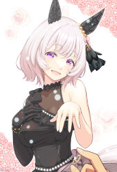 Rule 34 | 1girl, 1other, animal ears, black bow, black dress, black gloves, blush, bow, breasts, cleavage, commentary request, curren chan (sakutsuki ma cherie) (umamusume), curren chan (umamusume), dress, ear covers, ear ribbon, elbow gloves, fingernails, flower, gem, gloves, highres, horse ears, horse girl, horse tail, jewelry, looking at viewer, marriage proposal, masaki shino, medium bangs, medium breasts, official alternate costume, open mouth, pearl (gemstone), pov, purple eyes, ring, rose, see-through, see-through cleavage, short hair, single glove, sleeveless, sleeveless dress, smile, solo focus, tail, the promised time: silks &amp; three riddles (umamusume), umamusume, upper body, wedding ring, white flower, white hair, white nails, white rose