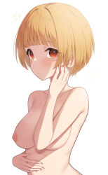Rule 34 | 1girl, binsen, blonde hair, blush, breasts, closed mouth, collarbone, flying sweatdrops, fukuda noriko, hand up, highres, idolmaster, idolmaster million live!, medium breasts, nipples, nude, red eyes, short hair, simple background, solo, upper body, white background
