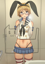 Rule 34 | 1girl, :3, :d, absurdres, bad id, bad pixiv id, bare shoulders, black neckerchief, black panties, black ribbon, blonde hair, blue eyes, blue sailor collar, blue skirt, breasts, cat, cellphone, cleavage, closed eyes, collarbone, commentary request, cosplay, cowboy shot, crop top, crossover, elbow gloves, gloves, grey-framed eyewear, hair ribbon, hand on own chest, highres, holding, holding phone, indoors, kantai collection, koizumi hanayo, light, looking at viewer, love live!, love live! school idol project, medium breasts, microskirt, navel, neckerchief, open mouth, osananajimi neko, panties, parted bangs, phone, pleated skirt, ribbon, sailor collar, selfie, semi-rimless eyewear, shimakaze (kancolle), shimakaze (kancolle) (cosplay), short hair, skirt, smartphone, smile, solo, striped clothes, striped thighhighs, taking picture, thighhighs, thong, under-rim eyewear, underwear, white gloves, zettai ryouiki