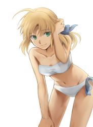 Rule 34 | 1girl, absurdres, adjusting hair, ahoge, aokiku, artoria pendragon (all), artoria pendragon (fate), bandeau, bare legs, bare shoulders, bent over, bikini, blonde hair, bow, collarbone, cowboy shot, fate/stay night, fate (series), female focus, green eyes, hair between eyes, hair bow, tucking hair, hand on leg, hand on own knee, highres, leaning, leaning forward, legs, long hair, looking at viewer, navel, official alternate costume, ponytail, saber (fate), simple background, smile, solo, strapless, strapless bikini, swimsuit, tube top, white background, white bikini
