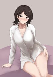 1girl absurdres amagami arm_support bare_legs blush breasts brown_eyes brown_hair closed_mouth cowboy_shot embarrassed grey_background grey_panties gyuunyuu_pack_(tanaka) hand_on_own_thigh highres looking_at_viewer panties shirt simple_background sitting sweatdrop takahashi_maya thighs underwear white_shirt