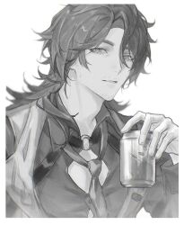 Rule 34 | 1boy, cup, drink, gallagher (honkai: star rail), greyscale, hair between eyes, highres, holding, holding cup, honkai: star rail, honkai (series), kikiu001, looking at viewer, male focus, medium hair, monochrome, necktie, simple background, solo, upper body, white background
