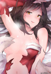 Rule 34 | 1girl, ahri (league of legends), animal ears, arm at side, armpits, bad id, bad pixiv id, bare shoulders, breasts, convenient censoring, facial mark, fang, fox ears, fox tail, hand on forehead, korean clothes, league of legends, medium breasts, multiple tails, panza, slit pupils, solo, tail, torn clothes, upper body, whisker markings, yellow eyes
