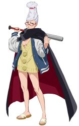 1girl ayase_seiko baseball_bat black_cape blue_jacket breasts cape cigarette cleavage dandadan dress full_body glasses highres holding holding_baseball_bat jacket letterman_jacket long_hair long_sleeves medium_breasts mouth_hold official_art orange_sandals puffy_long_sleeves puffy_sleeves red-framed_eyewear red_cape sandals semi-rimless_eyewear short_dress short_eyebrows simple_background solo standing tachi-e toes transparent_background two-sided_cape two-sided_fabric under-rim_eyewear updo v-shaped_eyebrows white_hair white_sleeves yellow_dress