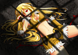 Rule 34 | 1girl, arrow (projectile), bad id, bad pixiv id, blonde hair, bow (weapon), breasts, cecil damon, cleavage, fatkewell, fingerless gloves, gloves, long hair, lying, medium breasts, midriff, nail polish, navel, on back, on floor, ragnarok online, red eyes, shade, shadow, short shorts, shorts, sniper (ragnarok online), solo, weapon, window shadow