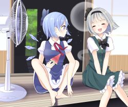 Rule 34 | 2girls, :o, ^ ^, barefoot, black bow, black hairband, black neckwear, black ribbon, blue bow, blue dress, blue eyes, blue hair, blunt bangs, blush, bob cut, bow, bowtie, breasts, cirno, closed eyes, darkness, dress, electric fan, feet out of frame, green skirt, green vest, hair behind ear, hair ribbon, hairband, hands on lap, highres, hitodama, ice, ice wings, knees together feet apart, konpaku youmu, konpaku youmu (ghost), looking at another, medium breasts, multiple girls, open mouth, outdoors, petticoat, pinafore dress, profile, puffy short sleeves, puffy sleeves, red neckwear, red ribbon, ribbon, short hair, short sleeves, silver hair, skirt, sleeveless, sleeveless dress, sliding doors, small breasts, smile, sparkle, stigma1101, toes, touhou, v arms, vest, wings