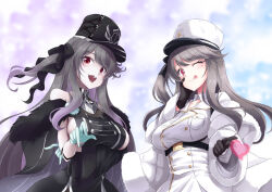 Rule 34 | 2girls, ;p, arm under breasts, azur lane, black coat, black gloves, black hair, black ribbon, blue gloves, breasts, coat, fur-trimmed coat, fur trim, gloves, gradient hair, hair ribbon, hat, heart, highres, large breasts, long hair, long sleeves, looking at viewer, multicolored hair, multiple girls, one eye closed, one side up, open mouth, pamiat merkuria (azur lane), pamiat merkuria (meta) (azur lane), peaked cap, purple hair, red eyes, ribbon, shiruppo, sideboob, smile, tongue, tongue out, white coat