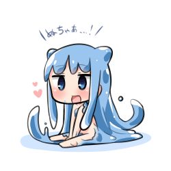 Rule 34 | 1girl, :d, between legs, blue eyes, blue hair, blush, chibi, collarbone, commentary request, double bun, hair bun, half slime-chan, hana kazari, hand between legs, heart, long hair, looking away, monster girl, nude, open mouth, original, sitting, slime girl, smile, solo, translation request, v arms, very long hair, white background