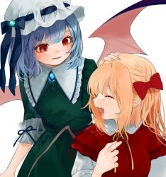 Rule 34 | 2girls, ^ ^, alternate costume, bat wings, black wings, blonde hair, blue hair, blue ribbon, blunt bangs, blush, bow, brooch, closed eyes, commentary request, dress, fang, fingernails, flandre scarlet, gotou (nekocat), green dress, hair bow, hand on another&#039;s head, hat, jewelry, medium hair, mob cap, multiple girls, open mouth, pointy ears, red bow, red dress, red eyes, remilia scarlet, ribbon, ribbon-trimmed sleeves, ribbon trim, siblings, simple background, sisters, smile, touhou, upper body, white background, white hat, wings
