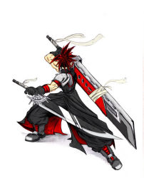 Rule 34 | 1990s (style), 1boy, buster sword, cloud strife, dual wielding, final fantasy, final fantasy vii, full body, holding, male focus, red hair, solo, sword, weapon, white background