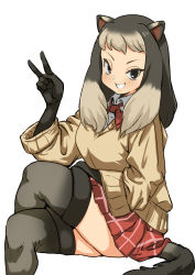 Rule 34 | 1girl, alpine marmot (kemono friends), animal ears, black eyes, black hair, bow, bowtie, collared shirt, crossed legs, gloves, grey hair, grin, hand rest, hand up, hatch (hatch box), kemono friends, long hair, long sleeves, looking at viewer, miniskirt, multicolored hair, plaid, plaid skirt, shirt, simple background, sitting, skirt, smile, solo, sweater, tail, thighhighs, two-tone hair, undershirt, v, white background, wing collar, zettai ryouiki
