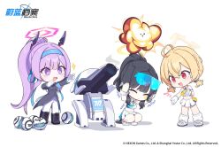 Rule 34 | 3girls, :&lt;, ahoge, animal ears, black coat, black footwear, blonde hair, blue archive, blue headband, blush, boots, breasts, chibi, closed eyes, closed mouth, coat, commentary request, covering own eyes, crop top, dog ears, dog girl, dog tail, explosion, floating headgear, gloves, hair between eyes, halo, headband, headgear, hibiki (blue archive), hibiki (cheer squad) (blue archive), highres, kekek, korean commentary, kotori (blue archive), kotori (cheer squad) (blue archive), leg warmers, long hair, long sleeves, multiple girls, official art, open mouth, pants, pleated skirt, ponytail, purple eyes, purple hair, red eyes, short twintails, simple background, skirt, sleeveless, smoke, sparkle, squatting, standing, tail, trembling, twintails, utaha (blue archive), utaha (cheer squad) (blue archive), very long hair, white background, white footwear, white gloves, white leg warmers, white pants