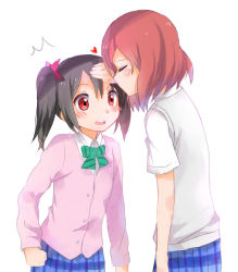 Rule 34 | 10s, 2girls, black hair, blush, bow, bowtie, cardigan, couple, eye contact, height difference, hug, long hair, long sleeves, looking at another, love live!, love live! school idol project, multiple girls, nishikino maki, plaid, plaid skirt, pleated skirt, purple eyes, red eyes, red hair, school uniform, shirt, short hair, short sleeves, simple background, skirt, smile, striped, sweater vest, swept bangs, twintails, white background, white shirt, yazawa nico, yuri