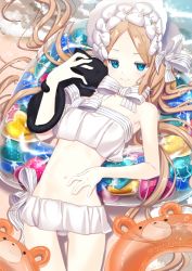 Rule 34 | 1girl, abigail williams (fate), abigail williams (swimsuit foreigner) (fate), abigail williams (swimsuit foreigner) (third ascension) (fate), animal, bare arms, bare shoulders, beach, bikini, black cat, blue eyes, blush, bonnet, bow, brown hair, cat, closed mouth, commentary request, day, fate/grand order, fate (series), gluteal fold, hair bow, hand up, innertube, long hair, looking at viewer, lying, navel, nyori, on back, outdoors, parted bangs, sand, smile, solo, strapless, strapless bikini, striped, striped bow, swim ring, swimsuit, thigh gap, very long hair, water, waves, white bikini, white bow, white headwear