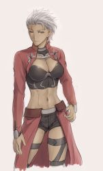 Rule 34 | 1girl, archer (fate), bad id, bad twitter id, black shorts, breasts, cleavage, clothing request, commentary request, cropped legs, dark-skinned female, dark skin, fate/stay night, fate (series), genderswap, genderswap (mtf), grey hair, highres, jacket, large breasts, long sleeves, looking at viewer, midriff, mondi hl, navel, one eye closed, red jacket, short hair, short shorts, shorts, shrug (clothing), simple background, solo, stomach, white background