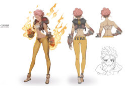 Rule 34 | 1girl, armor, back, bandaid, bandaid on face, bandaid on nose, bare shoulders, breasts, character name, character sheet, cleavage, clenched hands, closed mouth, english text, fire, fire, flaming hand, gauntlets, gd choco, green eyes, hand on own hip, highres, hood, hood down, navel, original, pants, pink hair, shoes, short hair, simple background, sketch, sneakers, standing, sweatpants, white background