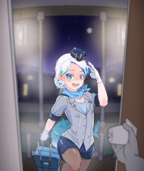 Rule 34 | 1girl, blue eyes, blue hair, city lights, door, doorway, fins, fish tail, flight attendant, gawr gura, gloves, highres, hololive, hololive english, looking at viewer, moral cacoethes, multicolored hair, open mouth, pantyhose, pencil skirt, pov doorway, scarf, shark tail, short hair, skirt, smile, streaked hair, tail, travel attendant, uniform, virtual youtuber, white gloves, white hair