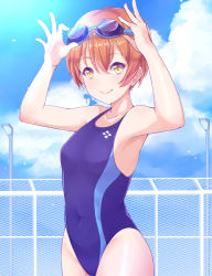 Rule 34 | 10s, 1girl, adjusting eyewear, blue one-piece swimsuit, cloud, collarbone, covered navel, day, fence, goggles, goggles on head, highres, hoshizora rin, kanabun, lamppost, looking at viewer, love live!, love live! school idol project, one-piece swimsuit, orange hair, outdoors, short hair, sky, smile, solo, standing, swimsuit, yellow eyes
