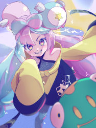 Rule 34 | 1girl, absurdres, aqua hair, bare shoulders, bellibolt, black jacket, bow-shaped hair, character hair ornament, collarbone, creatures (company), game freak, gen 1 pokemon, grey shirt, hair ornament, highres, iono (pokemon), jacket, light blush, long sleeves, looking at viewer, magnemite, multicolored clothes, multicolored hair, multicolored jacket, nintendo, oversized clothes, pink hair, pokemon, pokemon (creature), pokemon sv, sharp teeth, shirt, sleeveless, sleeveless shirt, sleeves past fingers, sleeves past wrists, solo, split-color hair, star-shaped pupils, star (symbol), star in eye, surumeika (ninfiiiir), symbol-shaped pupils, symbol in eye, teeth, two-tone hair, two-tone jacket, very long sleeves, x, yellow jacket
