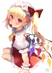 1girl blonde_hair candy chisiro_unya_(unya_draw) chocolate chocolate_heart crystal_wings duplicate flandre_scarlet food from_behind hat heart heart-shaped_food long_hair looking_at_viewer looking_back mob_cap mouth_hold pixel-perfect_duplicate red_shirt red_skirt shirt side_ponytail simple_background sitting skirt solo touhou white_background white_hat