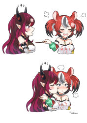 Rule 34 | 2girls, absurdres, anger vein, animal ears, bare shoulders, black hair, blush, chibi, closed eyes, commentary, cropped torso, crossed arms, demon horns, facing another, food, hakos baelz, highres, holding, holding food, holding pocky, hololive, hololive english, horns, irys (hololive), kiss, kissing cheek, mouse ears, multicolored hair, multiple girls, pink eyes, pink hair, pocky, red hair, streaked hair, vanillafox2035, virtual youtuber, white background, white hair, yuri