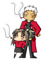 Rule 34 | 00s, 1boy, 1girl, archer (fate), chibi, cigarette, dark skin, dark-skinned male, fate/stay night, fate (series), lowres, size difference, smoking, thighhighs, tohsaka rin, turtleneck
