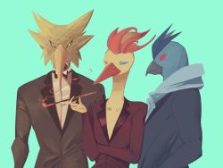 Rule 34 | articuno, black neckwear, black suit, blank eyes, blue eyes, bow, bowtie, creatures (company), game freak, gen 1 pokemon, holding, holding smoking pipe, legendary pokemon, looking at viewer, moltres, nintendo, numina, smoking pipe, pokemon, pokemon (creature), red eyes, smoking, standing, suit, upper body, yellow eyes, zapdos