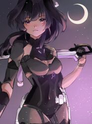 Rule 34 | 1girl, black gloves, black hair, black leotard, breasts, brown eyes, closed mouth, commentary, covered navel, crescent moon, gloves, hand up, highres, holding, holding sword, holding weapon, honkai (series), honkai impact 3rd, leotard, long hair, looking at viewer, medium breasts, mofumanju, moon, raiden mei, solo, sword, weapon