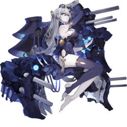 Rule 34 | 1girl, armor, asymmetrical gloves, black surge night, blue dress, blue eyes, blue gloves, blue thighhighs, breasts, dress, elbow gloves, gloves, gradient hair, grey hair, hair between eyes, hair ornament, horns, large breasts, long hair, multicolored hair, official art, one side up, pale skin, parted lips, rigging, saberiii, single elbow glove, single glove, single thighhigh, sitting, solo, takao (black surge night), tassel, thighhighs, transparent background, uneven gloves