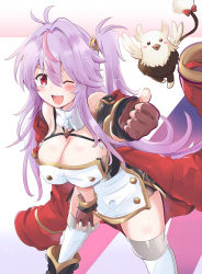 Rule 34 | 1girl, azur lane, blush, breasts, cleavage, collarbone, commentary request, fingerless gloves, gloves, grenville (azur lane), griffin, hair between eyes, hair ornament, highres, jacket, large breasts, long hair, looking at viewer, multicolored hair, one eye closed, tonchinkan