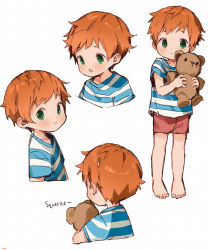 Rule 34 | 1boy, barefoot, child, english text, feet, freckles, green eyes, highres, hugging object, looking at viewer, male focus, nemui (nemuriyagi), orange hair, original, shirt, short hair, shorts, sideways glance, simple background, solo, standing, striped clothes, striped shirt, stuffed animal, stuffed toy, teddy bear, toes, white background