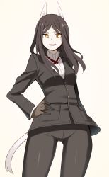 Rule 34 | 1girl, animal ears, black hair, black pantyhose, constantia cantacuzino, cowboy shot, fang, glastonbury1966, gloves, hand on own hip, long hair, looking at viewer, military, military uniform, open mouth, pale skin, pantyhose, simple background, smile, solo, standing, strike witches, tail, thigh gap, thighs, uniform, wolf ears, wolf tail, world witches series, yellow eyes